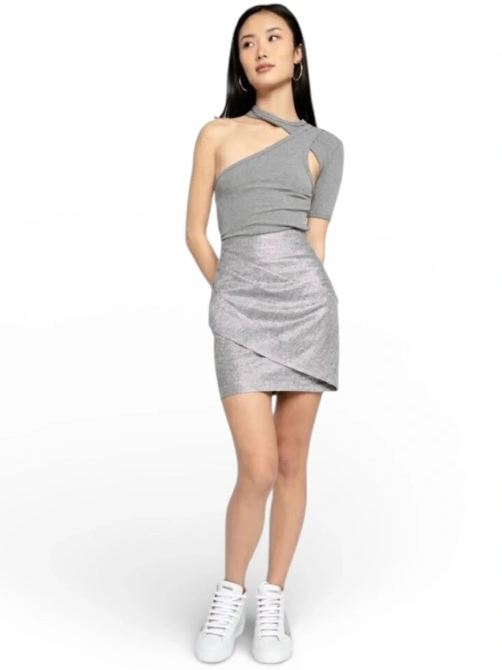 NWT RtA Cheyenne Silver Metallic Draped Mini Skirt Italian Fabric Size 8